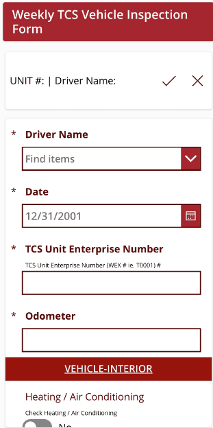 the Vehicle Inspection App interface